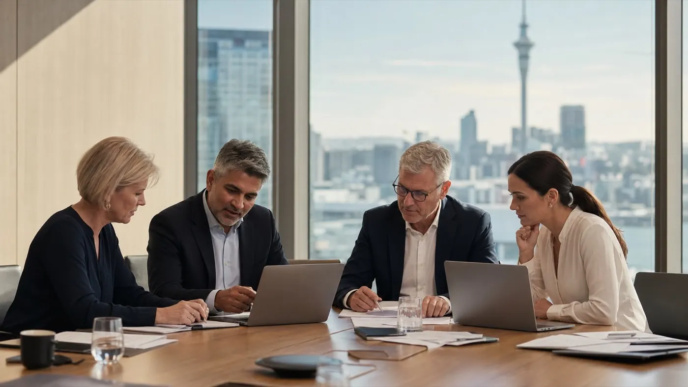 Four colleagues reviewing work together around a boardroom table