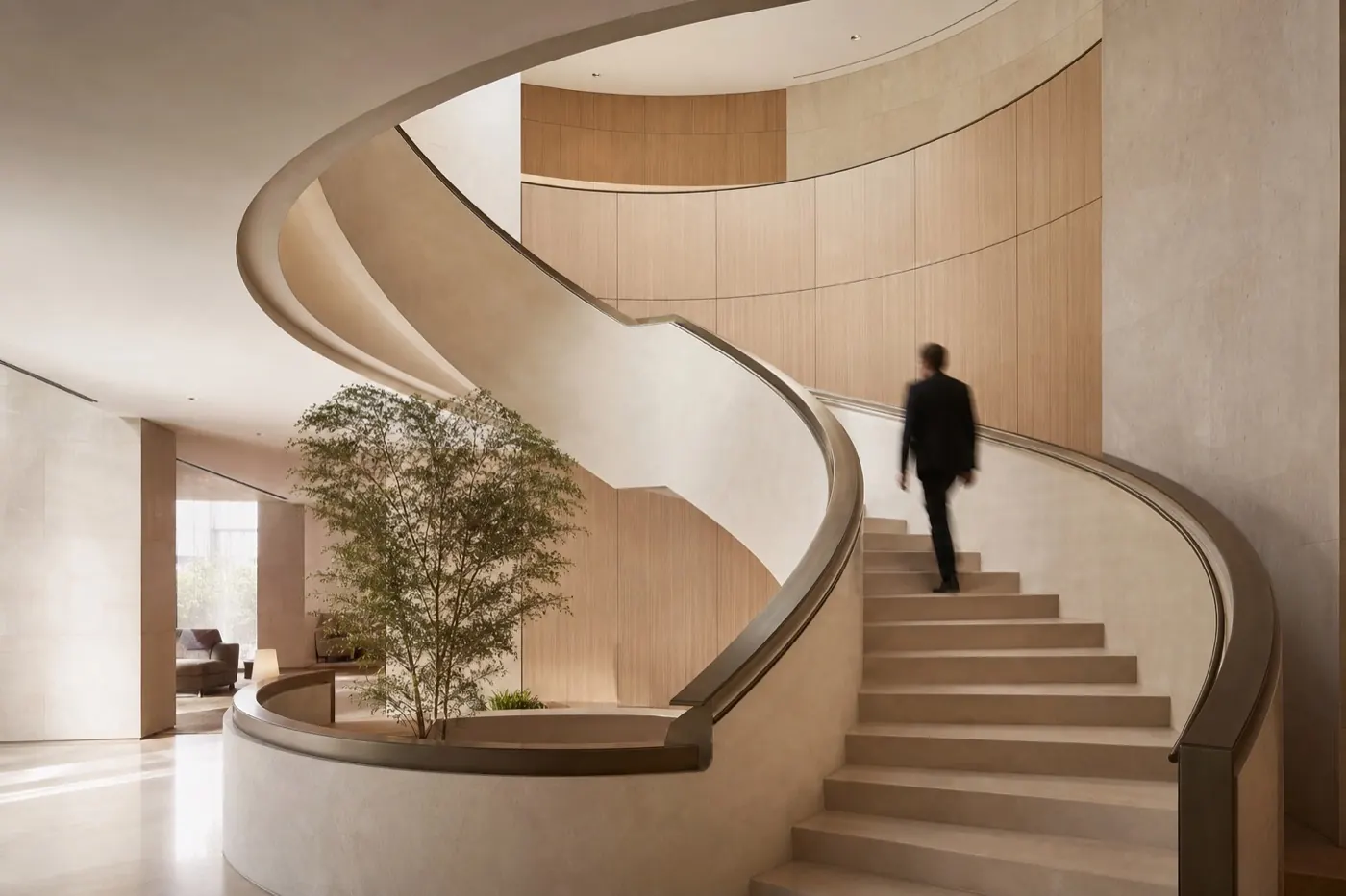 A sculptural spiral staircase in a contemporary professional office
