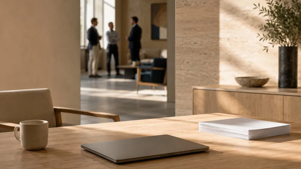 A laptop and documents on a sunlit office table, with three colleagues beyond